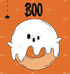 可爱的卡通人物甜甜圈鬼万圣节矢量卡插图与手绘字母boo字和蜘蛛