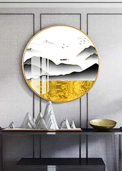 玄关装饰画餐厅客厅圆形晶瓷画新中式轻奢挂画现代简约中国风壁画-淘宝网
