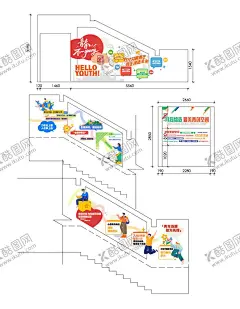 青年文化墙 【酷图网】文化墙,楼梯,走廊,扁平风,插画,排版,