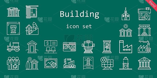 建筑图标集。行图标风格。建筑相关的图标，如工厂，图像，灯塔，商场，教堂，房地产，木屋，电话亭，滑坡，