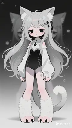 人设图，oc设定，oc设定图，人物设计，少女，福瑞少女，猫爪，Q版，全身