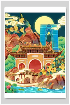 手绘月光高端大气国潮手绘背景插画