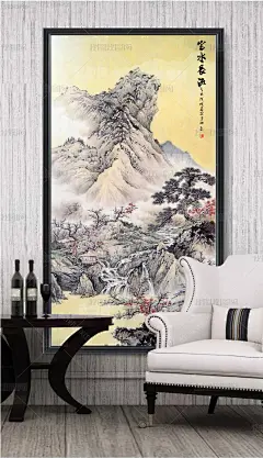 中式国画山水玄关富水长流玄关装饰画