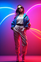 Genz female model wearing kpop outfit posing, full length body, backlit, modern fashion wardrobe, high quality pixar 3d art, Sensational, Cyberpop, stylish energetic pose, ultra detailed face, centre subject, abstract color background, minimal, --ar 2:3 -