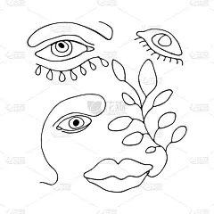 手绘抽象女性肖像线艺术孤立在白色的背景。现代向量插图。眼睛，嘴唇和花卉设置轮廓艺术。