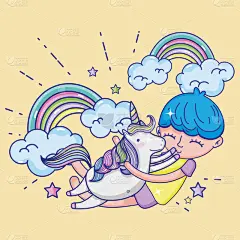 可爱的,动画片,男孩,独角兽,小马,自然美,动物,童话故事,问候,绘制