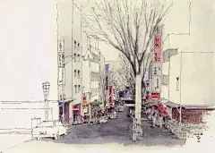 淡彩小镇插画 铅笔淡彩城市街景画 有点色彩的小城铅笔画