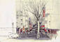淡彩小镇插画 铅笔淡彩城市街景画 有点色彩的小城铅笔画