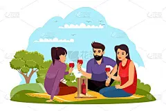 人们在户外野餐时喝酒。女人和男人一起坐在公园里，拿着酒杯，瓶子和奶酪。朋友吃喝矢量插画