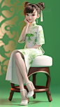 绿色花纹旗袍美女中国风国潮3D人物