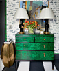 Modern entry way with lots of color, green console and contemporary art. Focal Point Art - Design Chic: 