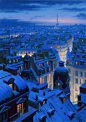 欧洲城市的雪夜。By'俄罗斯画家Evgeny Lushpin
