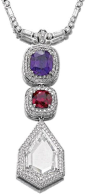 Sapphire, ruby and diamond pendent necklace    The detachable pendant designed as an articulated line set with a cushion-shaped purple sapphire weighing 7.04 carats, a similarly cut ruby weighing 4.47 carats, and a modified kite portrait-cut diamond weigh