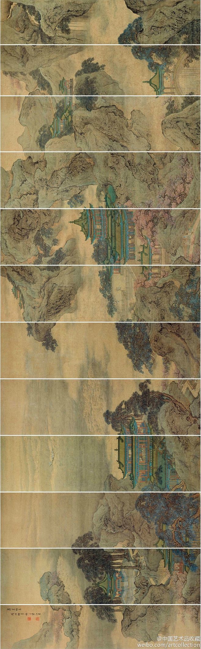 #清宫画家#【 清 袁江 《蓬莱仙境图》 】十二通景屏，绢本设色，184×602cm×12。“蓬莱仙岛”是中国古代神话传说中的“海上神山”，岛 ...