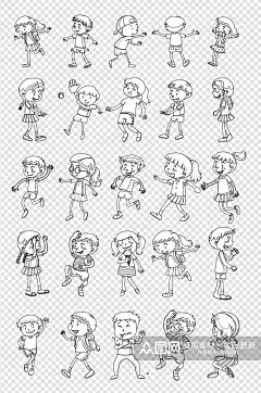 儿童节手绘线描卡通人物小孩子玩耍动作素材