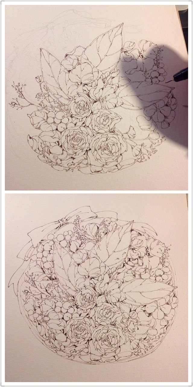 小枣子  的插画 花盒线稿与彩图