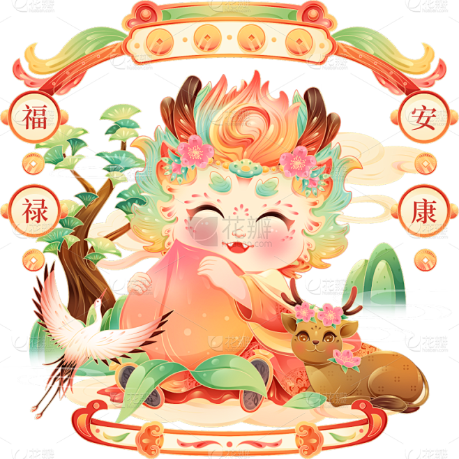 龙年春节拟人龙年祝福场景大尺寸贴纸