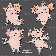 一套可爱的卡通小猪。贴纸。
