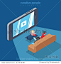 Flat isometric man viewing video on big smartphone screen vector illustration. 3d isometry mobile video content view at home cinema concept.