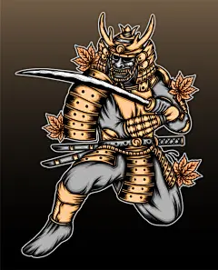 日本武士武将盔甲面具鬼面能面插画