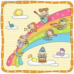 插画—彩色带子上奏乐的男女精灵插画|卡通画|卡通人物|卡通人物图片|漫画人物|人物素材|人物图片|矢量人物|太阳|音符|云朵