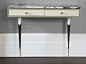 Peter Mikic console. Antique Brescia violetta marble top, solid walnut and brass legs with white lacquer, (plane) birds-eye maple and tiger shark ash veneers: 