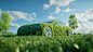 A green car with grass and trees growing on it, against a blue sky background, captured in high-definition photography with clear details. The clean environment and pure white space around the body of the electric vehicle create a sense of environmental p