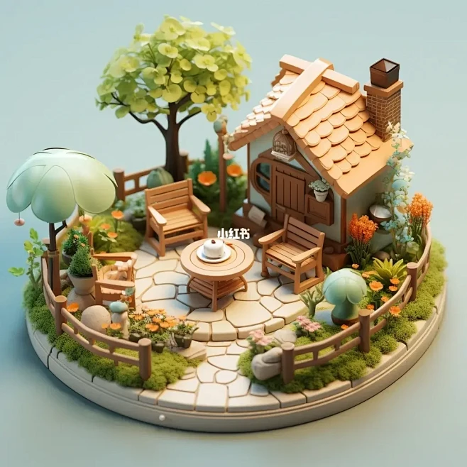 Midjourney/AI中式休闲小庭院微缩场景