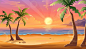 Cartoon illustration of ocean landscape in sunset or sunrise with beautiful pink sky and sun reflection over the water. beautiful nature with palm trees and beach. Premium Vector