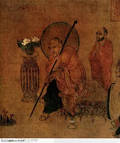 中国国画之人物-仗着棍子的僧人