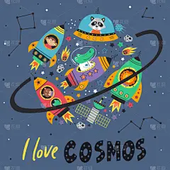 火箭中带有空间动物的海报.矢量图解.矢量图解.    