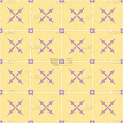 正方形、十字和箭头的精致无缝图案。装饰风格抽象几何瓷砖装饰。金色、紫色和白色。用于纺织品和纸张设计