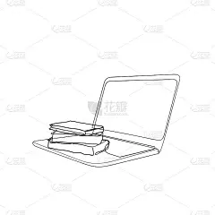 手绘涂鸦笔记本电脑和书插图连续线绘制矢量隔离