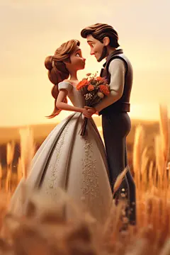 漫画风Q版情侣结婚人物婚礼插画