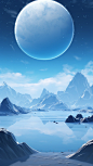 A snowy scene with some water and a planet behind it, in the style of realistic landscapes with soft edges, mountainous vistas, realistic blue skies, 20 megapixels, soft, romantic landscapes, magewave, detailed fantasy