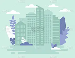 采购产品建筑，建筑和销售房地产，财产概念。大城市的住宅综合体，摩天大楼。淡绿色和紫罗兰色的构图。卡通