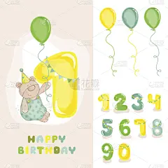 数字,生日卡,小熊,华丽的,请柬,贺卡,部分,女婴,边框,复古风格