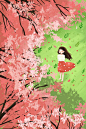 春天樱花女孩看樱花小清新插画风景
