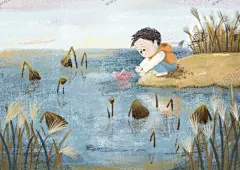 湖边的小男孩 【酷图网】儿童插画,纸船,湖边,残荷,秋天,小男孩