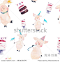Watercolor party seamless pattern with cartoon pigs, cakes, flag garland decor. Hand drawn funny texture with holiday elements and characters on white background. 
