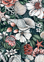 colorful pattern of flowers, tropical leaves, shells and starfish.