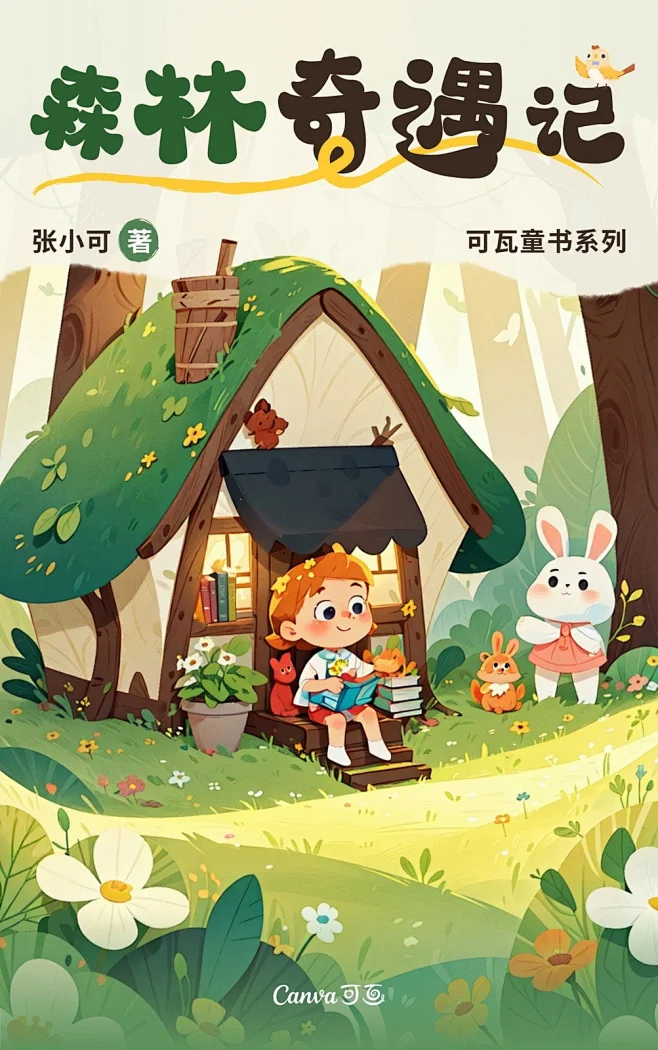黄绿色可爱儿童插画童话绘本读物书籍封面-花瓣网