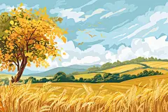 金色麦田立秋绘画图片
