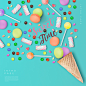 马卡龙甜品 棉花糖 棒棒糖 冰激凌甜筒 彩色糖豆 蓝色背景 糖果主题海报设计 平面设计 海报