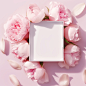Scene photography, white square big gift box and pink and white roses in a bright environment, various flowers surround the gift box, beautiful light and shadow in the sun, clean, simple, ethereal, pink bright background, natural and real photography, foc