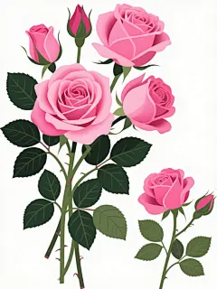 白色背景上，两束色彩改为鲜艳粉色的玫瑰花插画，左侧较大花束包含盛开的主玫瑰、半开玫瑰和花苞，右侧较小花束有盛开玫瑰和花苞，所有玫瑰均有清晰的花瓣层次和渐变色彩，搭配深绿色带叶脉的叶子，花茎自然弯曲，整体保持原有的写实风格和装饰性插画感，花朵和叶子边缘锐利，色彩饱满，无阴影，呈现平面设计效果。