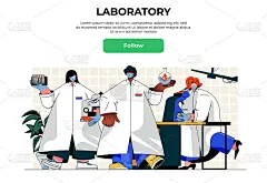 实验室网页横幅的概念。穿着白大褂在实验室做科学研究的科学家，做医学测试的医生，登陆页面模板。矢量插图