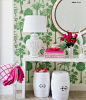 love the hot pink with the green and white wall paper