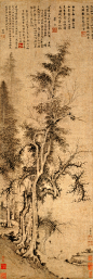 元 金黼 · 《山林曳杖图》轴 纸本墨笔 126.2x42.4cm上海博物馆藏。