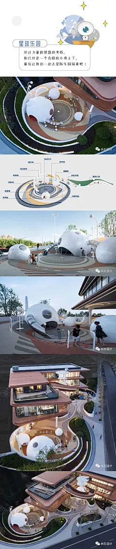 金地·云栖天悦

以球体为空间载体，划分不同年龄段的玩乐设施，
每个小空间都是充满未知的探索和考验！

中心下沉场地内，我们设计了向心旋转的图案，
在平面视觉和空间感受上都营造旋涡翻滚的动态体验。
外侧拉高地形形成坡道，
在有限的空间之内，打造竖向多维的活动体验。


主体构架共有三层结构，一到二层为旋转爬网，
阳光撒进星球乐园内部，
光影随着时间变化而跳动，与孩子们一起游戏。
二到三层是直筒爬网，并连接坡道和滑梯，
从内部天窗望向外面，白日的飞鸟，夜晚的星星，
充满惊喜并期待着下一个乐趣！